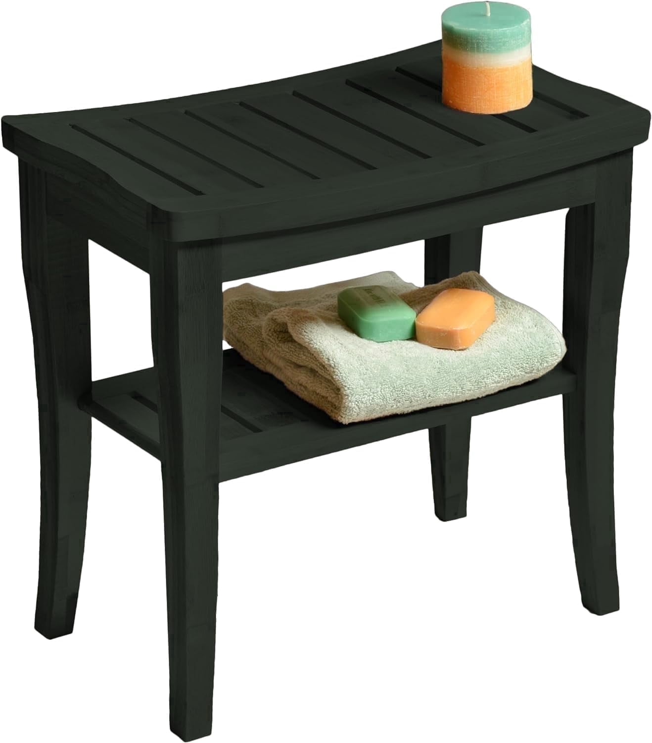 Bamboo Shower Bench - Shower Stool with Storage Shelf, Non-Slip Bathroom Seat, Spa Decor Bath Bench, Foot Rest Shaving Stool for Shower, 17”x9”x17”