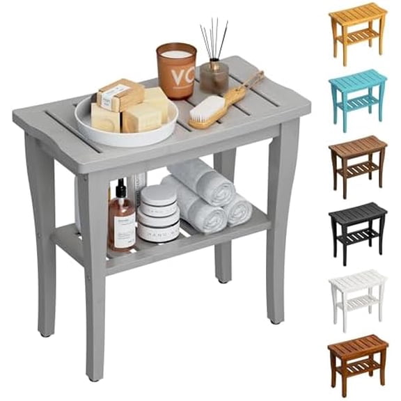 Bamboo Shower Bench Stool with Storage Shelf, Waterproof Shower Chair Spa Bath Seat, Shower Stool for Inside, Bathroom Bench Seat for Adults Elderly Seniors for Indoor or Outdoor Use(Gray)