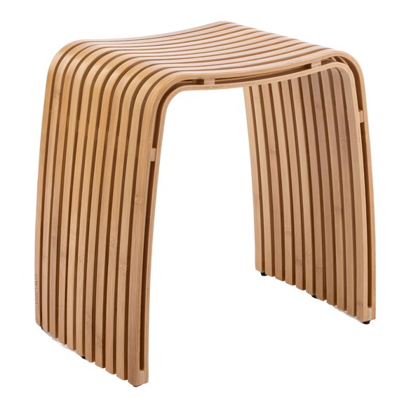 Bamboo Shower Bench, Waterproof Bath Stool Seat Furniture, Bathroom Spa Entryway Living Room, Non Slip Curved Slat Design Fully Assembled, Modern Spa Style, Natural Wood Color, One Piece