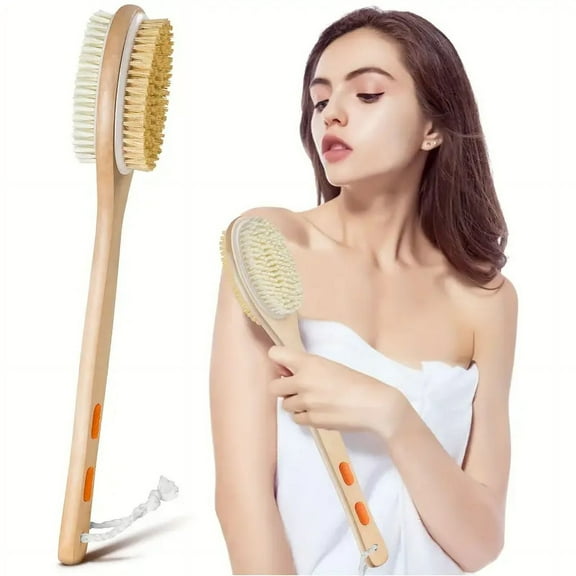 Bamboo Shower Body Exfoliating Brush, Bath Back Cleaning Scrubber with Long Handle