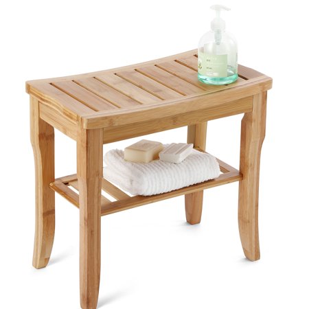 Bamboo Shower Caddy Bathroom Bench Sturdy Waterproof Stool with Shelf Foot Stool & Shower Shelf