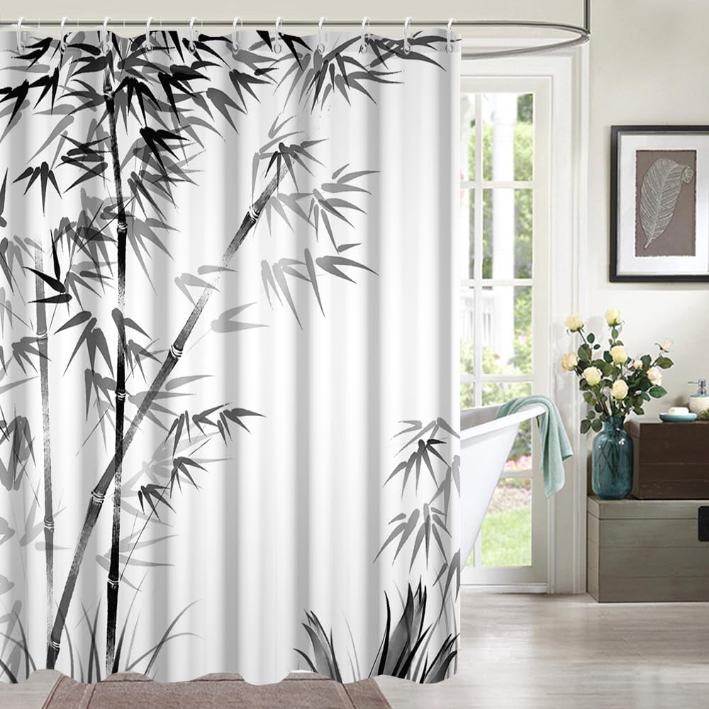 Bamboo Shower Curtain, Aesthetic Ink Bamboo Shower Curtain for Bathroom Waterproof Fabric Black and White Shower Curtain Set with Hooks, 72x84 Inch