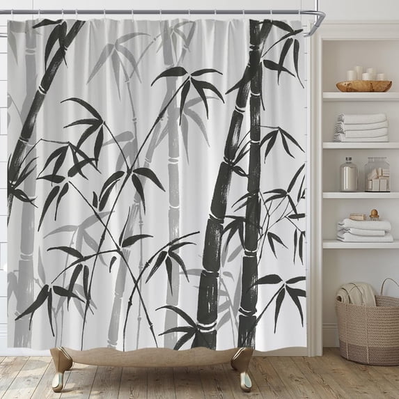 Bamboo Shower Curtain Asian style Chinese Ink Bamboo Leaves Relaxing Therapy Spring Summer Fabric Bathroom Decor Set Include Hooks,(72" WX72 H)