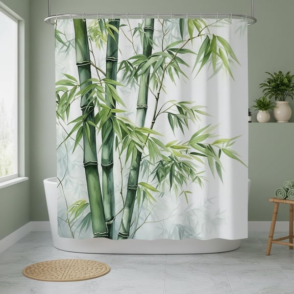 Bamboo Shower Curtain Green Bamboo Forest Tree Chinese Traditional Asian Art Rustic Wild Nature Plant Bath Decor Polyester Fabric Curtains with Hooks-72"W x 72"L (Pack of 1)
