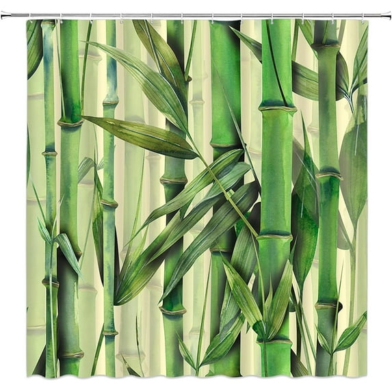 Bamboo Shower Curtain Green Forest Watercolor Plant Spa Vintage Nature Japanese Asian Fabric Bathroom Curtain Set with Hooks(84" Wx72 H)