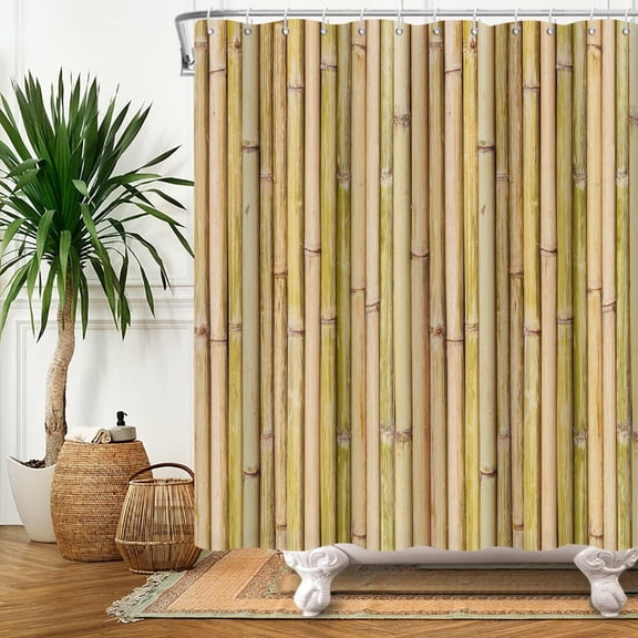 Bamboo Shower Curtain, Green and Yellow Nature Plant Shower Curtain for Bathroom Waterproof Botanical Bathroom Decor with Hooks-36"W x 72"L (Pack of 1)