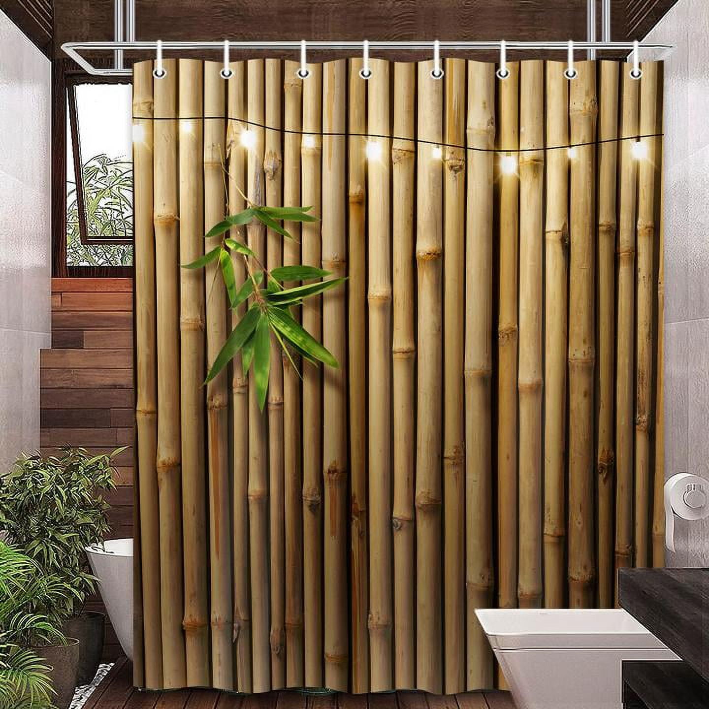 Bamboo Shower Curtain, Japanese 3D Shower Curtain Set for Bathroom, Nature Zen with Lights Fabric Shower Curtain Restroom Bathtub Decor Accessories with Hooks 72X 75 inch