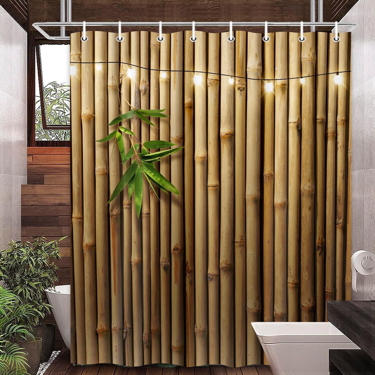 Bamboo Shower Curtain, Japanese 3D Shower Curtain Set for Bathroom, Nature Zen with Lights Fabric Shower Curtain Restroom Bathtub Decor Accessories with Hooks