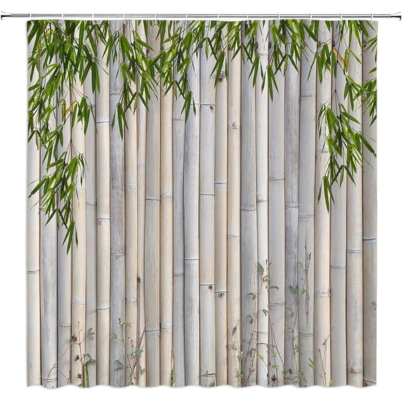 Bamboo Shower Curtain Japanese Asian Green Leaf Plant Nature Fabric Bathroom Curtain Set with Hooks(72" Wx84 H)