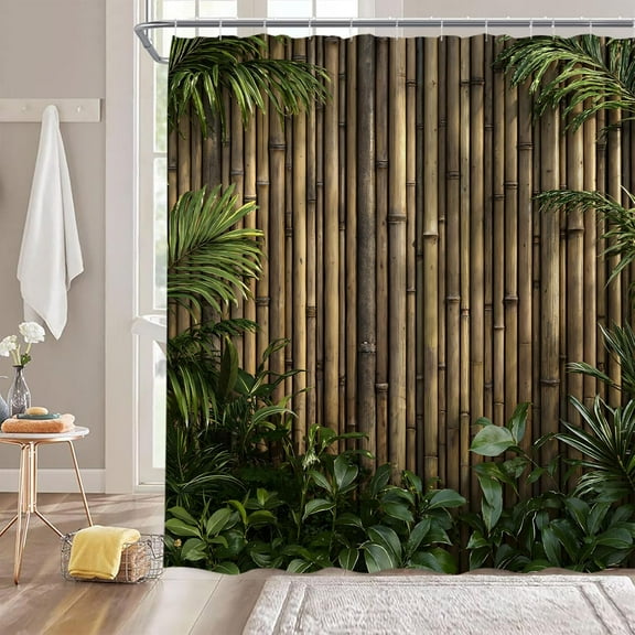 Bamboo Shower Curtain, Japanese Nature Decor for Bathroom, Green Leaf Brown Polyester Fabric Curtain with Hooks 72"W x 72"L (Pack of 1)
