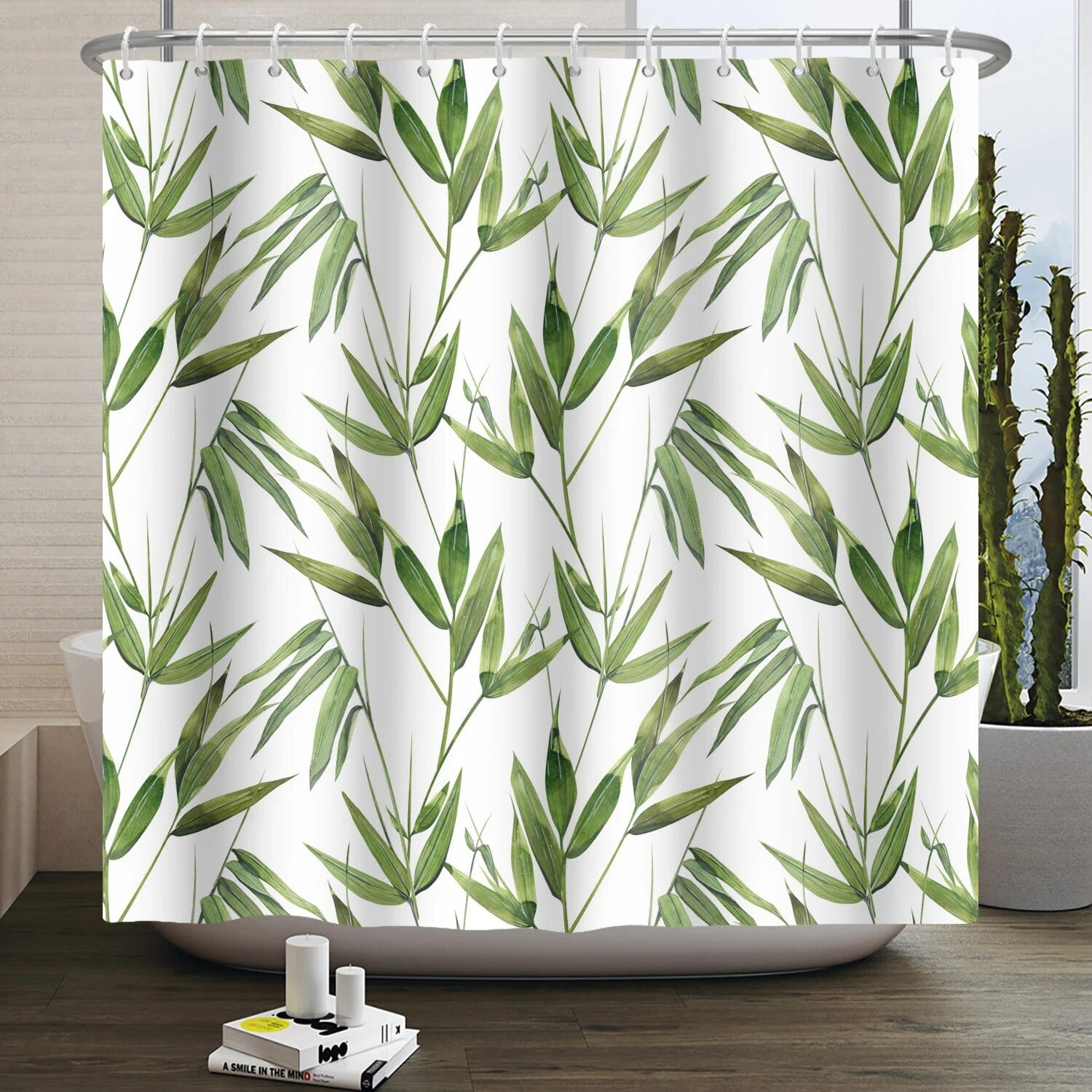 Bamboo Shower Curtain Watercolor Painting Spring Botanical Leaves ...