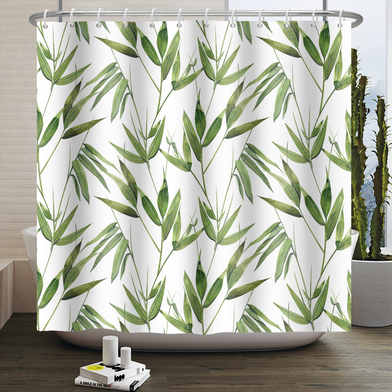 Bamboo Shower Curtain Watercolor Painting Spring Botanical Leaves ...