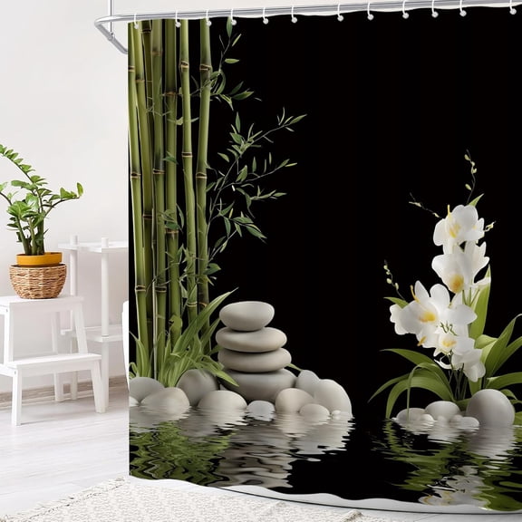 Bamboo Shower Curtain Zen Garden White Lotus Green Leaves Spa Bathroom Decor, Waterproof Polyester Fabric with Hooks 36"W x 72"H