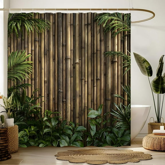 Bamboo Shower Curtain,Zen Japanese Nature Decor for Bathroom,Green Leaf Brown Fabric Curtain with Hooks-60"W x 72"L (Pack of 1)
