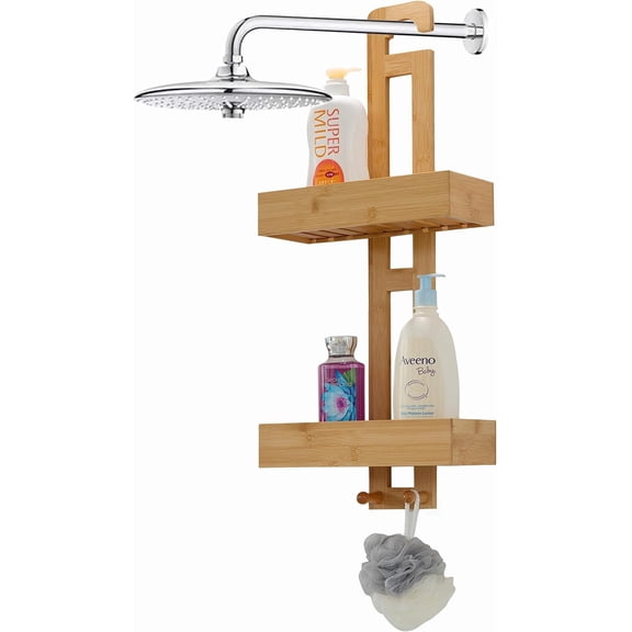 Bamboo Shower Hanging Caddy 2-Tier Shelf Organizer with Hook for Shampoo Conditioner Body Wash Soap Loofah & Accessories Natural Wood Rack for Bathroom Storage Organization & Spa Dcor