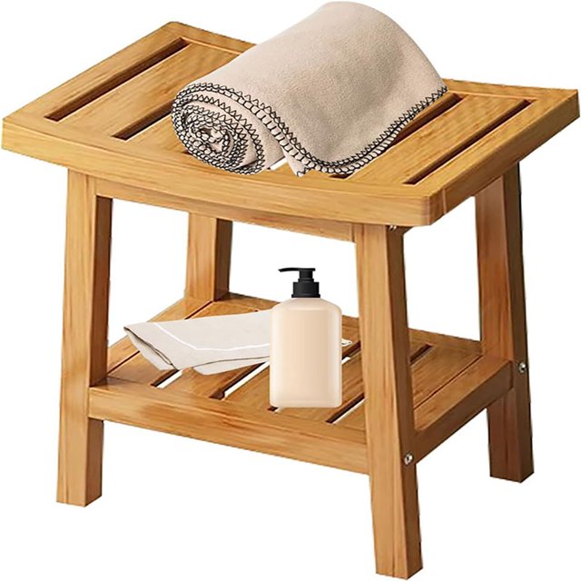 Bamboo Shower Stool with Wooden Storage Shelves, Waterproof Paint