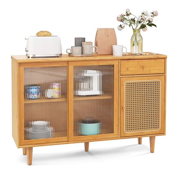 Bamboo Sideboard Cabinet with Rattan Doors, 5-Leg Base - Kitchen Dining Storage, TV Console