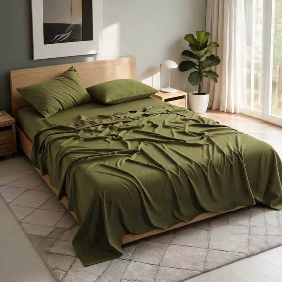 Bamboo Silky Bedding Set, 15" Deep Pocket Fitted Sheet, Flat Sheet, Duvet Cover & Pillowcase, Cooling Soft, Twin, Army Green