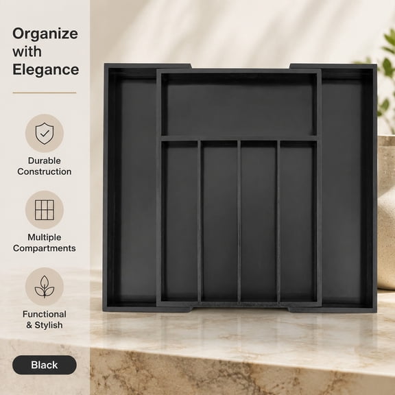 Bamboo Silverware Drawer Organizer, Black Expandable Kitchen Utensils Tray, Cutlery Dividers, Flatware Caddy with 5-7 Slots for Office Supplies