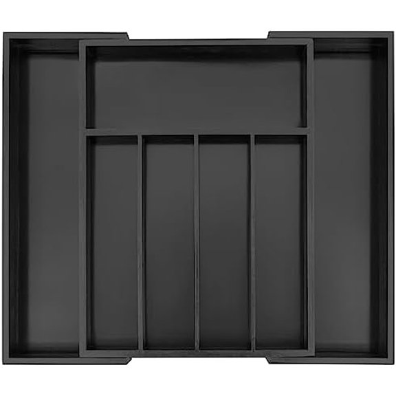 Bamboo Silverware Drawer Organizer, Expandable Kitchen Utensils Drawer Organiser, Cutlery Tray Dividers, Flatware Caddy Drawer Insert, Office Supplies, Black 5-7 Slot