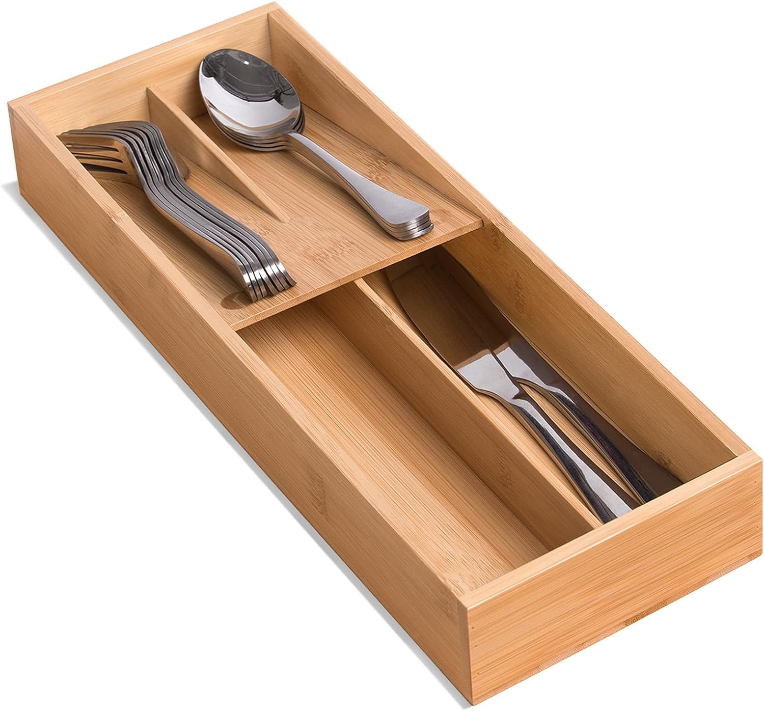MY Bamboo Silverware Drawer Organizer, Kitchen Small Silverware Organizer, Utensil Tray Holder, Cutlery Tray for Spoons, Forks, Knives, Suitable for a family of 2-4