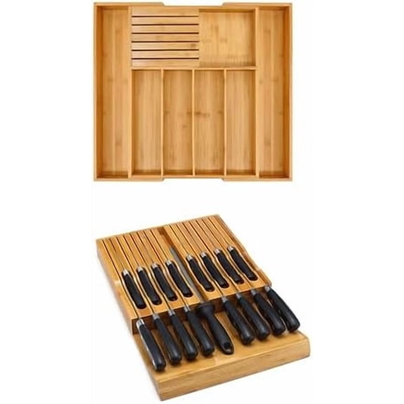 Bamboo Silverware Drawer Organizer and Bamboo Knife Drawer Organizer Insert Bundle