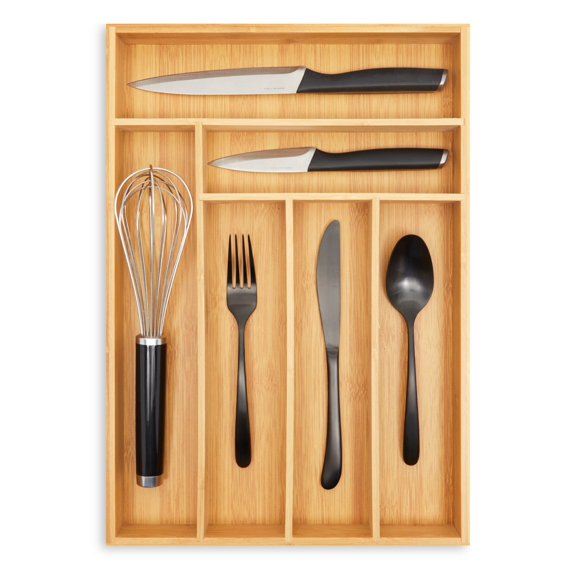 Juvale Kitchen Drawer Organizer Tray - 17 x 11.75 x 1.75 in, Natural Wood, 6-Slot Utensil & Cutlery Organizer - Silverware Holder & Storage Tray