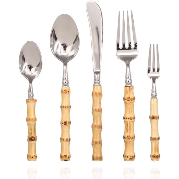 Bamboo Silverware Set 18/10 Stainless Steel Tableware Set Natural Flatware Spoon Fork Knives Bamboo Handle Cutlery for Kitchen Utensil Wedding Home Restaurant Party (5 piece for 1)