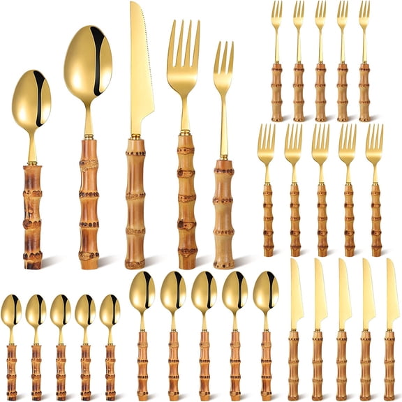 Bamboo Silverware Set 18/8 Stainless Steel Tableware Set Natural Utensil Flatware Kit Spoon Fork Knives Bamboo Handle Cutlery for Kitchen Wedding Home Restaurant Party(Gold,30 Pieces)