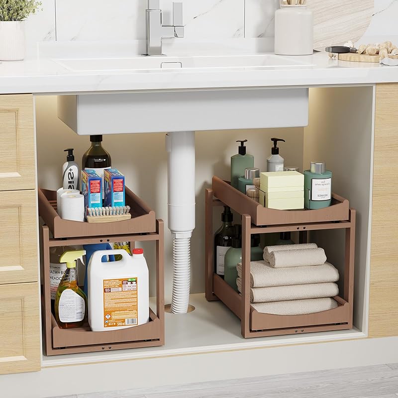 Bamboo Under Sink Organizer Adjustable Height 2 Tier Bathroom Organizer ...
