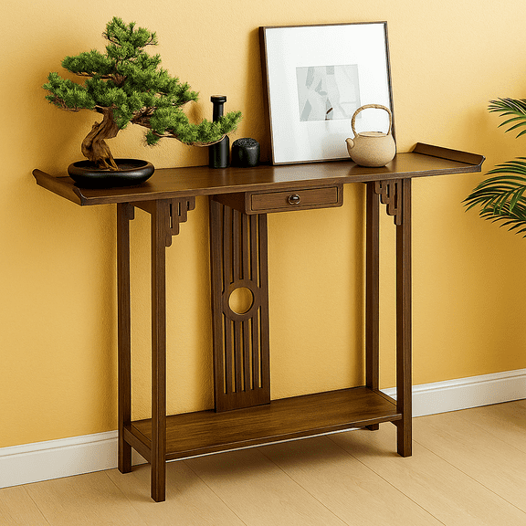 Bamboo Slim Console Table With Shelf And Drawer