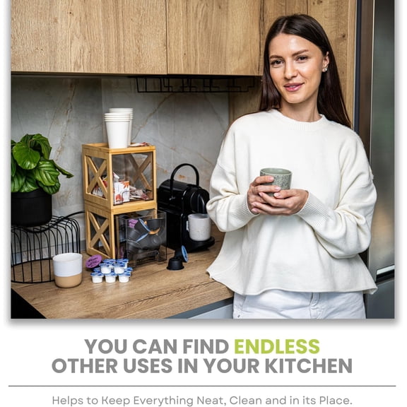 Bamboo Snack & Pantry Organizer  2 Pack Stackable Storage Drawers with Clear Acrylic for K-Cups, Spices, Cookies