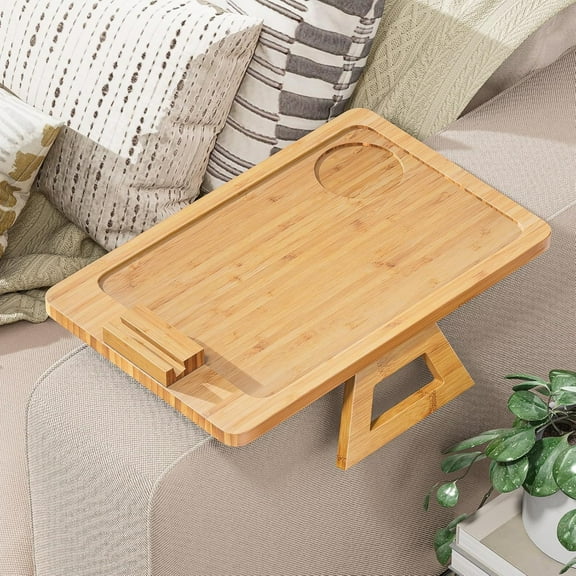 Bamboo Sofa Arm Tray Table, Clip-On Couch Armrest Table for Wide Sofas, Folding Sofa Tray with 360° Phone Holder, Couch Arm Table for Drinks, Snacks, Meals & Remotes