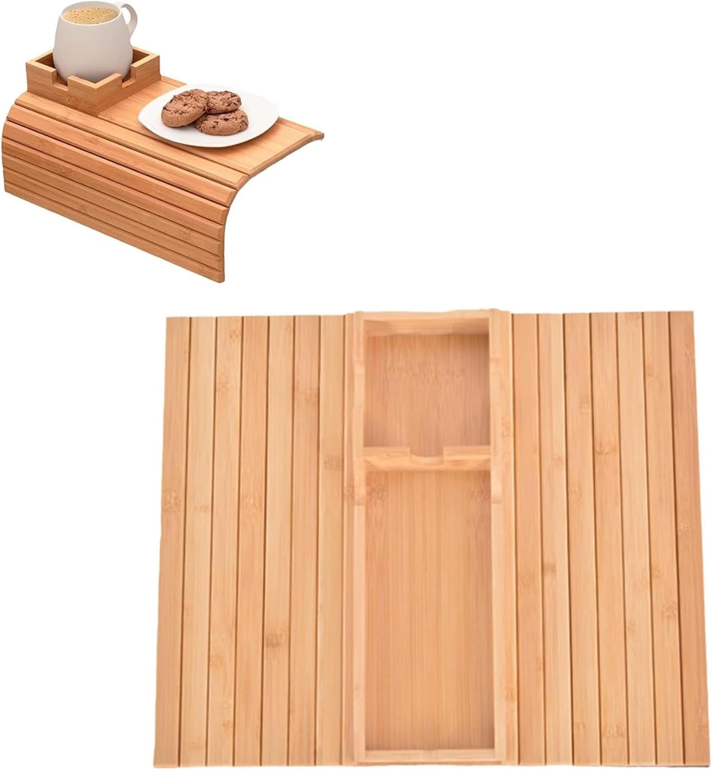 Couch Hacks, Foldable Bamboo Tray With Cup Holder, Couch Arm Table Tray, Bamboo Cup Holder For