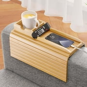 Bamboo Sofa Armrest Tray, Taotique Couch Arm Tray with Detachable Couch Cup Holder, Anti-Slip Foldable Sofa Armchair Caddy Table, Cup Holder for Drinks Cellphone TV Remote Snacks