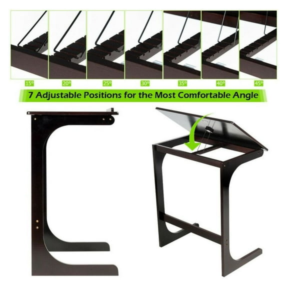 Bamboo Sofa Side Table with Tilting Top, Adjustable Laptop Desk for Bed & Couch, C-Shape End Table for Living Room, Bedroom, Office - Natural Brown, 23.5" x 16"