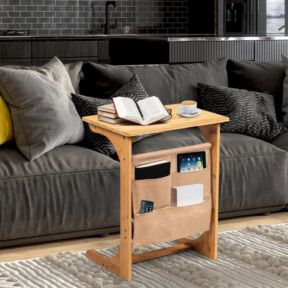 Bamboo Sofa Table with Storage Bag, L-Shaped End Table for Bedside, Coffee Table, and Working Table