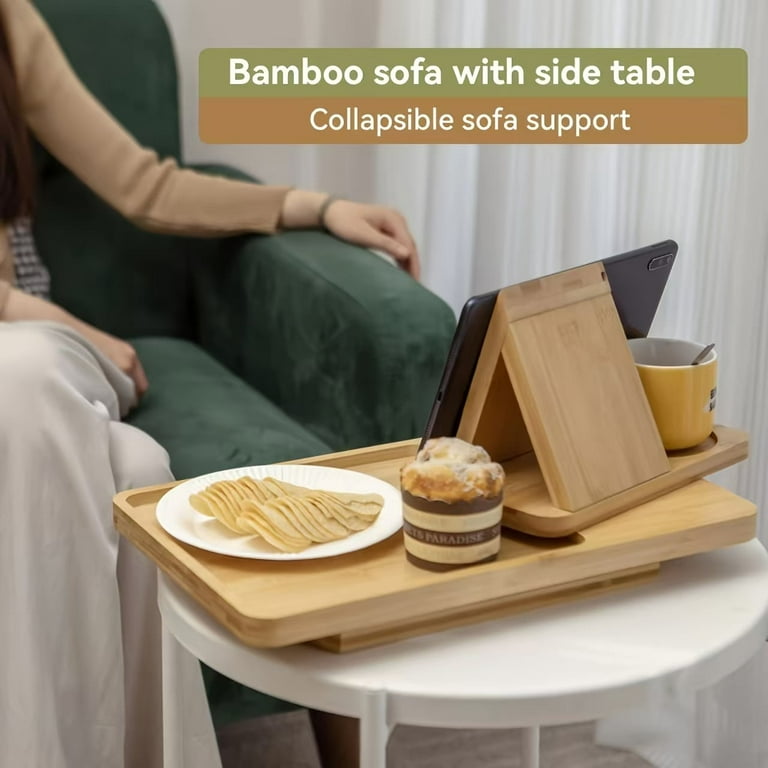 Bamboo Sofa Tray,Couch Arm Table, Clip-On Armrest Tray Table for