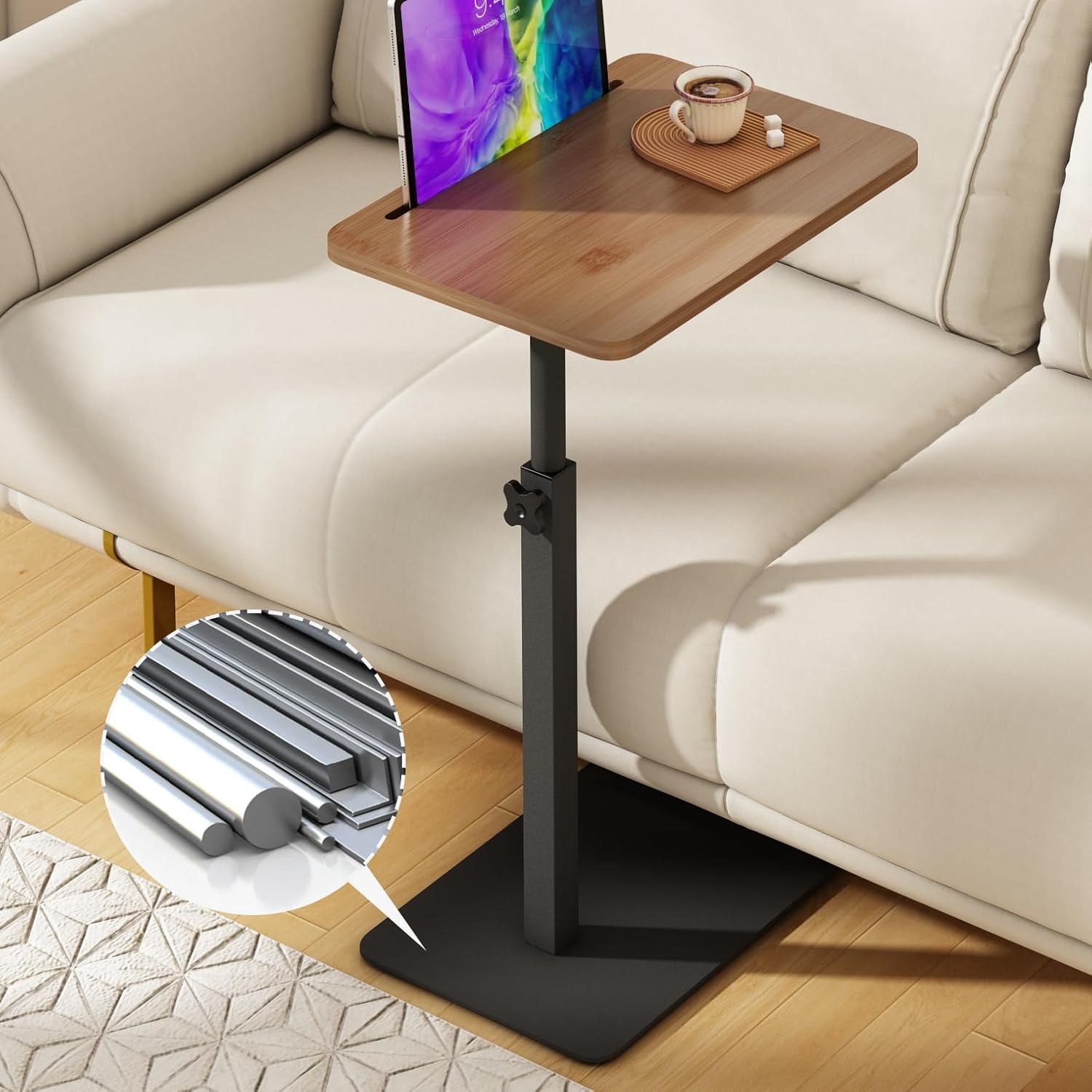 Bamboo Sofa Tray Table C Shaped Side End Table with Metal Base ...