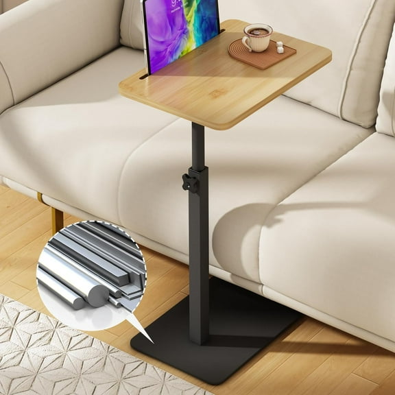 Bamboo Sofa Tray Table C Shaped Side End Table with Metal Base, Adjustable Height Swivel Snack Couch for Bed Small Spaces Living Room Natural Table and Black Base