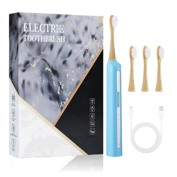 GUFICLE Eco-Friendly Bamboo Electric Toothbrush, 5 Modes Sonic, 4 Biodegradable Bamboo Brush Heads, Zero Waste Plastic-Free Travel Case, IPX7 Waterproof, Navy Blue