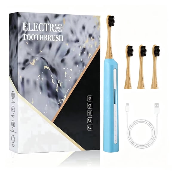 GUFICLE Sonic Bamboo Electric Toothbrush Set - 4 Biodegradable Heads, 5 Modes, Waterproof Zero Waste Sustainable Toothbrush, Navy Blue