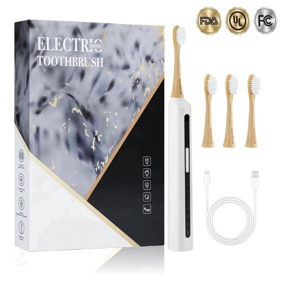 GUFICLE Sonic Bamboo Electric Toothbrush Set - 4 Biodegradable Heads, 5 Modes, Waterproof Zero Waste Sustainable Toothbrush, White