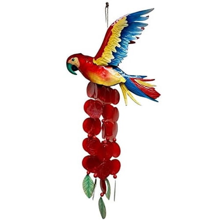 Bamboo Source Scarlet Macaw Parrot Metal and Capiz Wind Chime 16 x 8 x 35 Inch