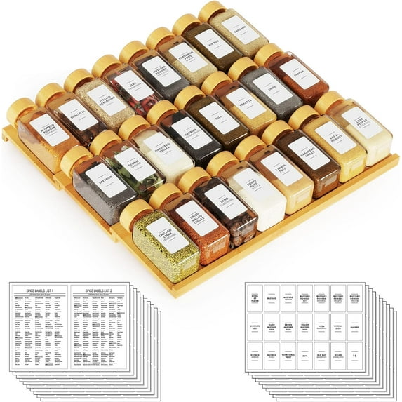 Bamboo Spice Drawer Organizer with 24 Spice Jars, 378 White Minimalist Spice Labels, 3 Tier Seasoning Rack Tray Insert for Kitchen Drawers, 15" Wide x 15" Deep x 2.6" Tall