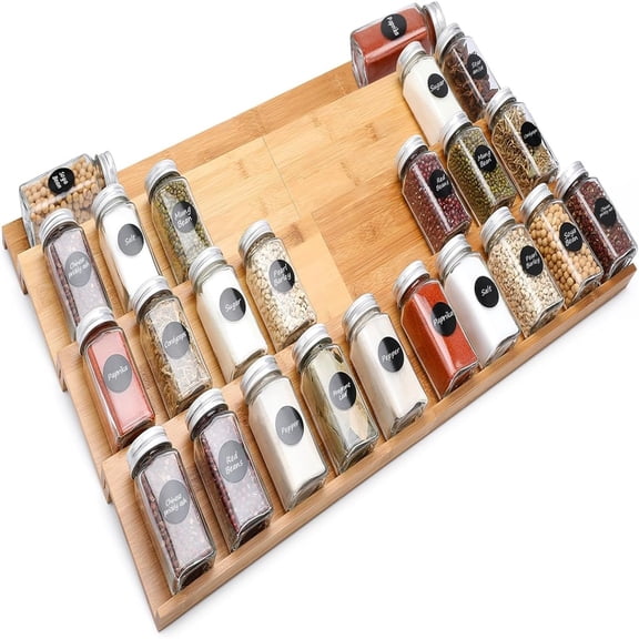 Bamboo Spice Drawer Organizer, 4 Tier In Drawer Spices Rack for Cabinet Drawer Expandable From 13" to 26", Stackable Seasoning Storage Organizer Insert