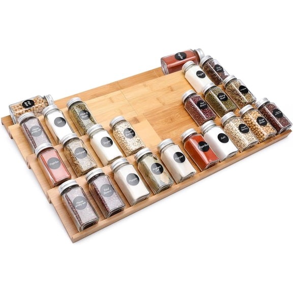 Bamboo Spice Drawer Organizer, 4 Tier In Drawer Spices Rack for Cabinet Drawer Expandable From 13" to 26", Stackable Seasoning Storage Organizer Insert