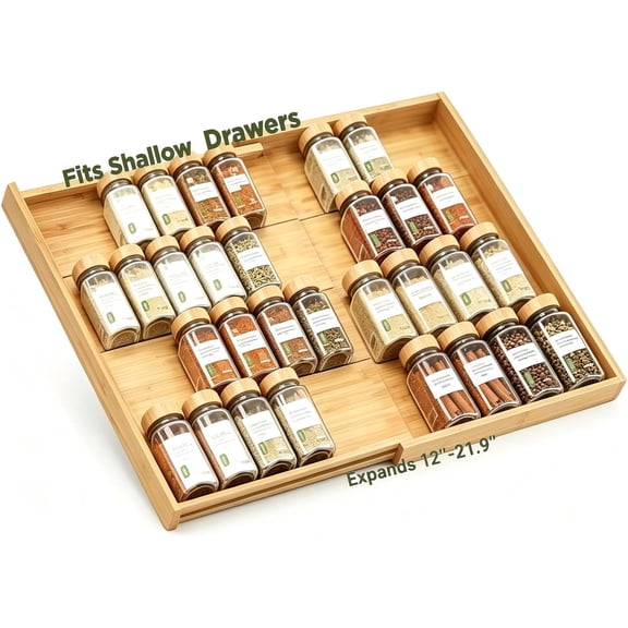 Bamboo Spice Drawer Organizer Expandable(Fits 2.6 Deep Drawers), 4-Tier Spice Rack Drawer Insert for Kitchen Cabinets(12" - 21.9" Width), Adjustable Seasoning Storage Insert (Jars Not Included)