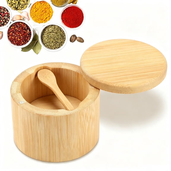 Bamboo Spice Jar with Built-in Wooden Spoon, Airtight Salt Cellar with Swivel Magnetic Lid, Seasoning Container for Pepper Herbs and Dry Goods, Kitchen Storage Canister for Countertop