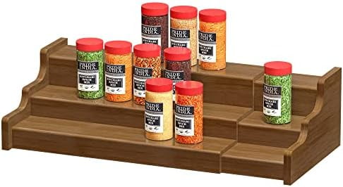 Bamboo Spice Rack Cabinet Organizer - 3 Tier Wooden Expandable Walnut Display Shelf